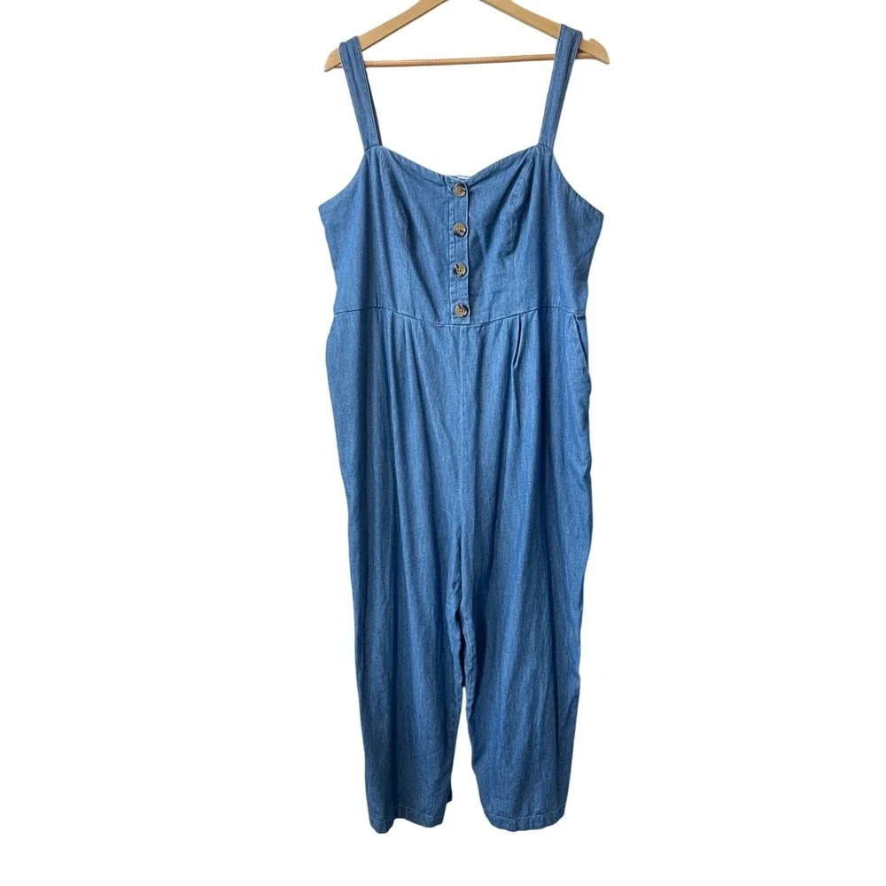 Old Navy Denim Jumpsuit XXL Petite Chambray Button Front Wide Leg Cropped - Picture 4 of 12